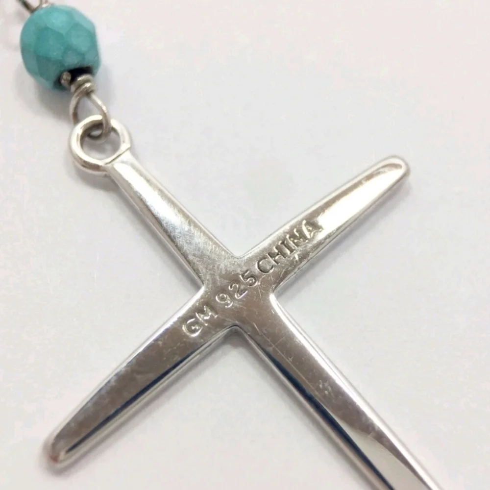 Silver Cross Necklace with Blue Beads